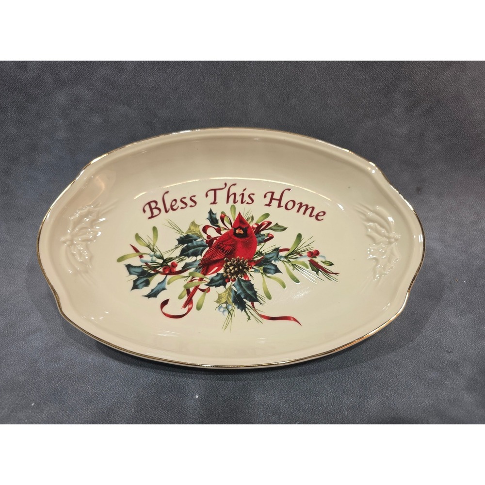 Lenox Winter Greetings Bless This Home Cardinal Oval Serving Platter 9.5 inch